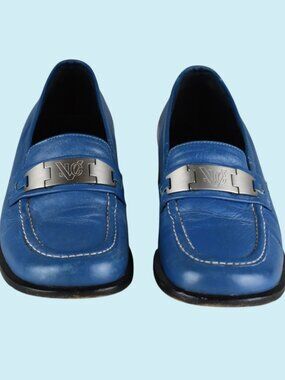Versace Jeans Couture Loafers Size 36 Blue Leather Italian Silver Buckle